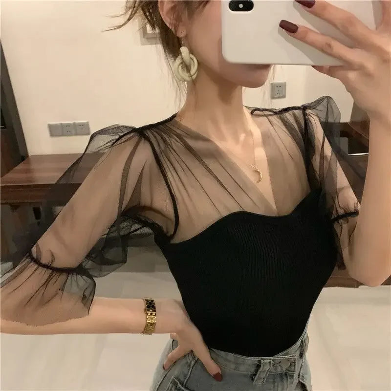 2024 Summer Women's V-Neck Mesh Knit Pullover - Slim Fit Short Sleeve Casual Tee