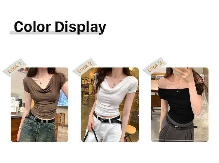 2024 Summer Ruffle Neck Slim Fit Elastic Short-Sleeved T-Shirt