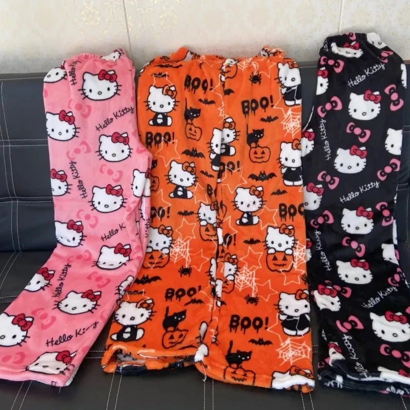 2024 Hello Kitty Kawaii Flannel Pajamas – Women's Warm Cartoon Woolen Home Pants