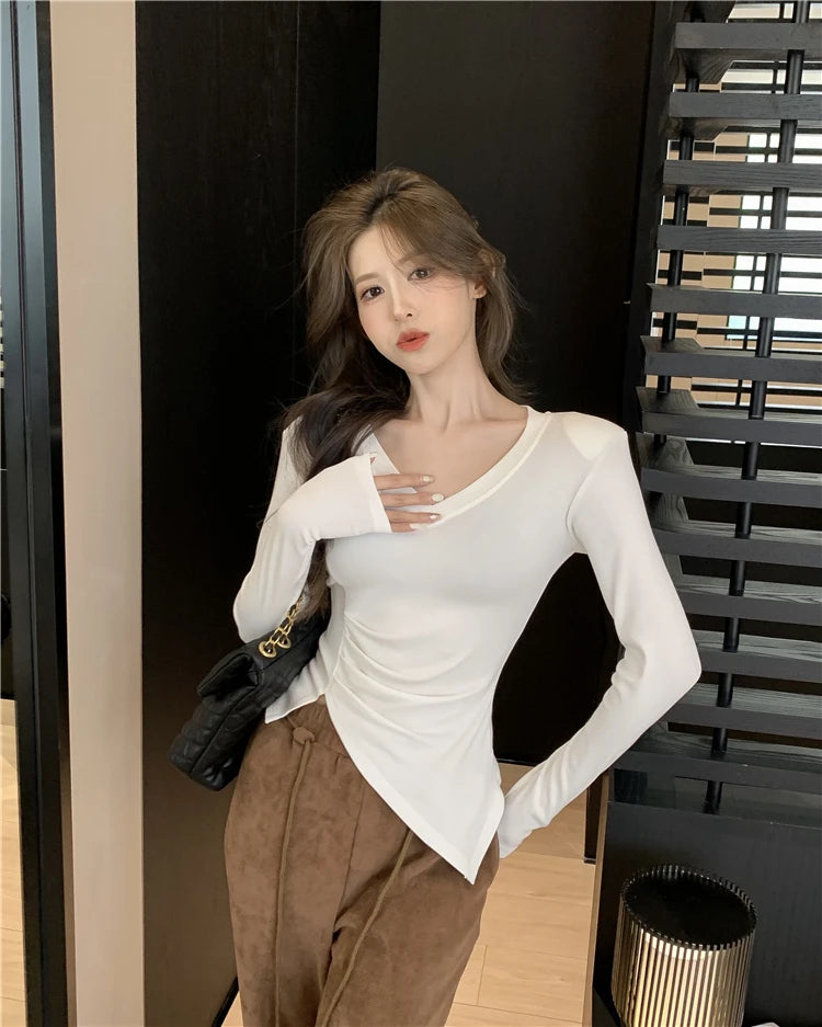 Autumn Y2K Fashion V-Neck Split T-Shirt with Shoulder Pads for Women