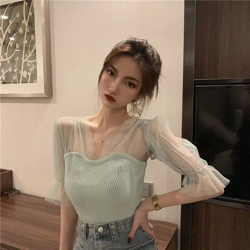 2024 Summer Women's V-Neck Mesh Knit Pullover - Slim Fit Short Sleeve Casual Tee