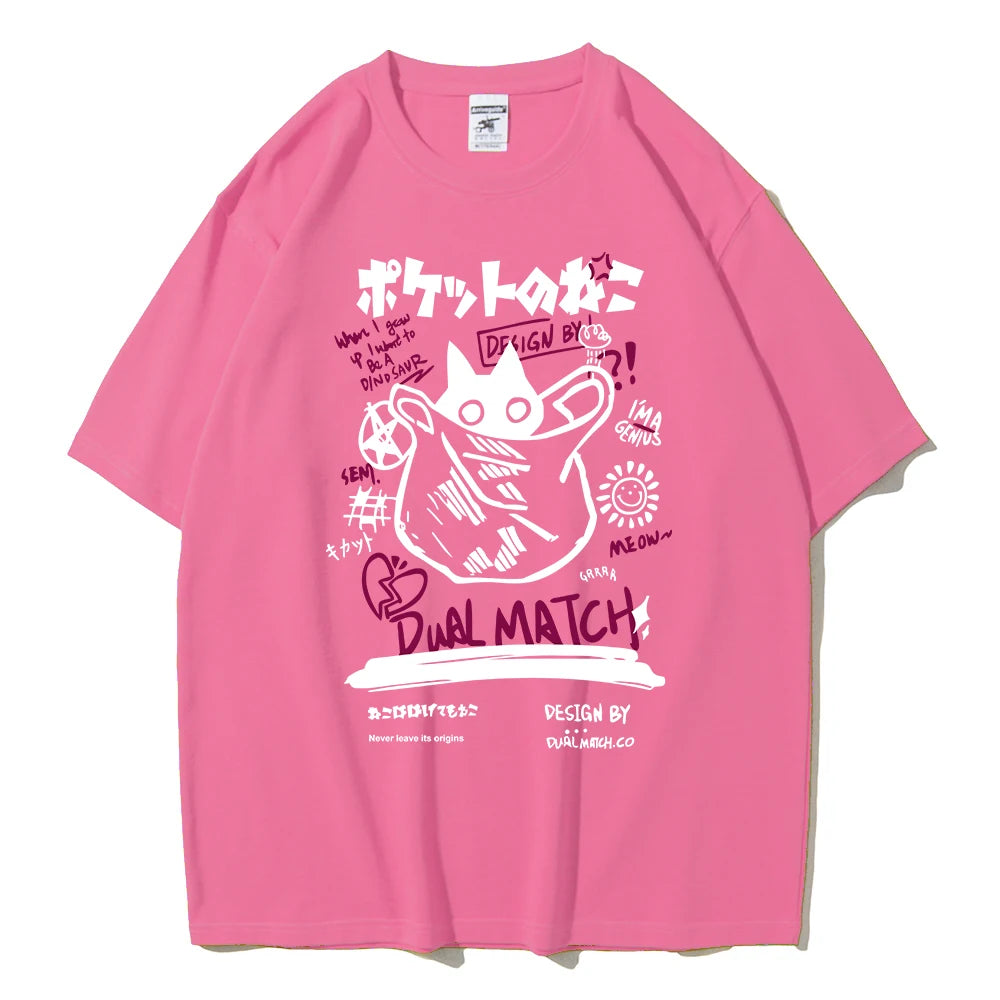 2024 Summer Unisex Kawaii Cat Print Harajuku T-Shirt - Loose Y2K Streetwear for Couples