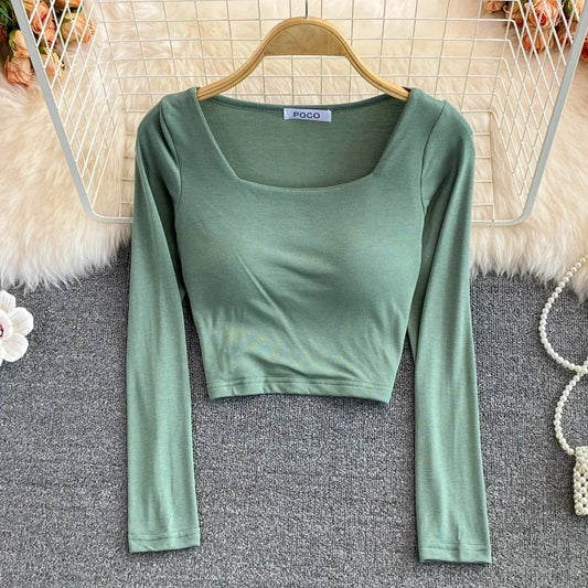 Women’s Casual Korean Long Sleeve T-Shirt with Built-in Padded Bra