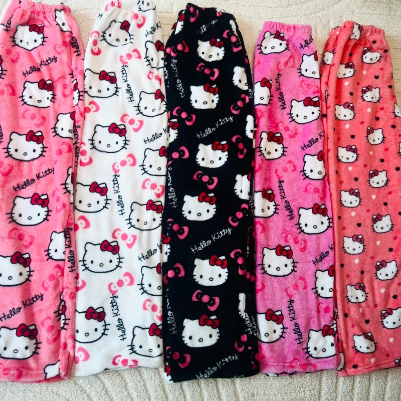 2024 Hello Kitty Kawaii Flannel Pajamas – Women's Warm Cartoon Woolen Home Pants