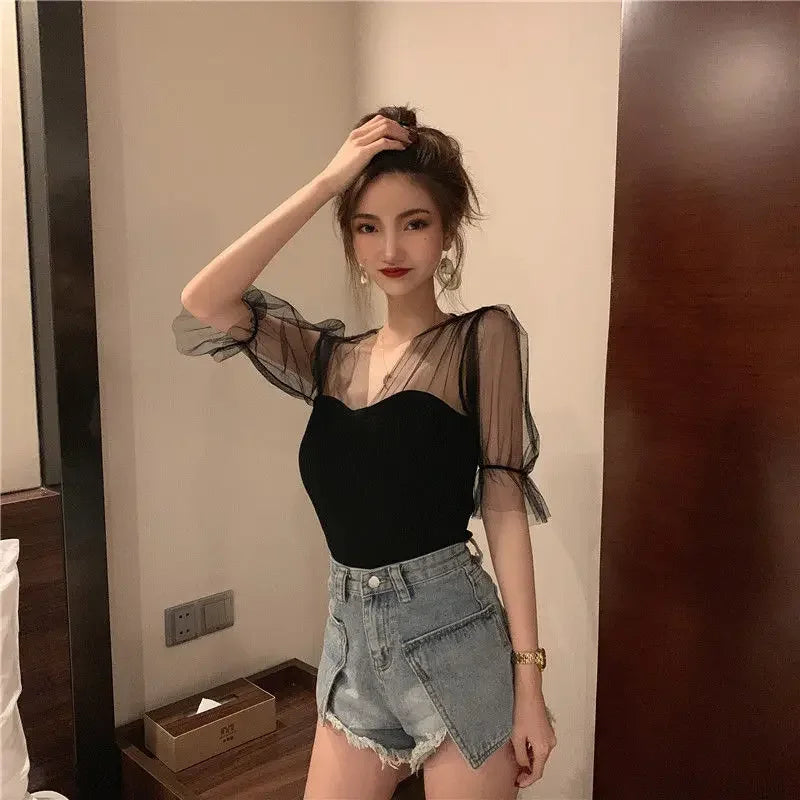 2024 Summer Women's V-Neck Mesh Knit Pullover - Slim Fit Short Sleeve Casual Tee