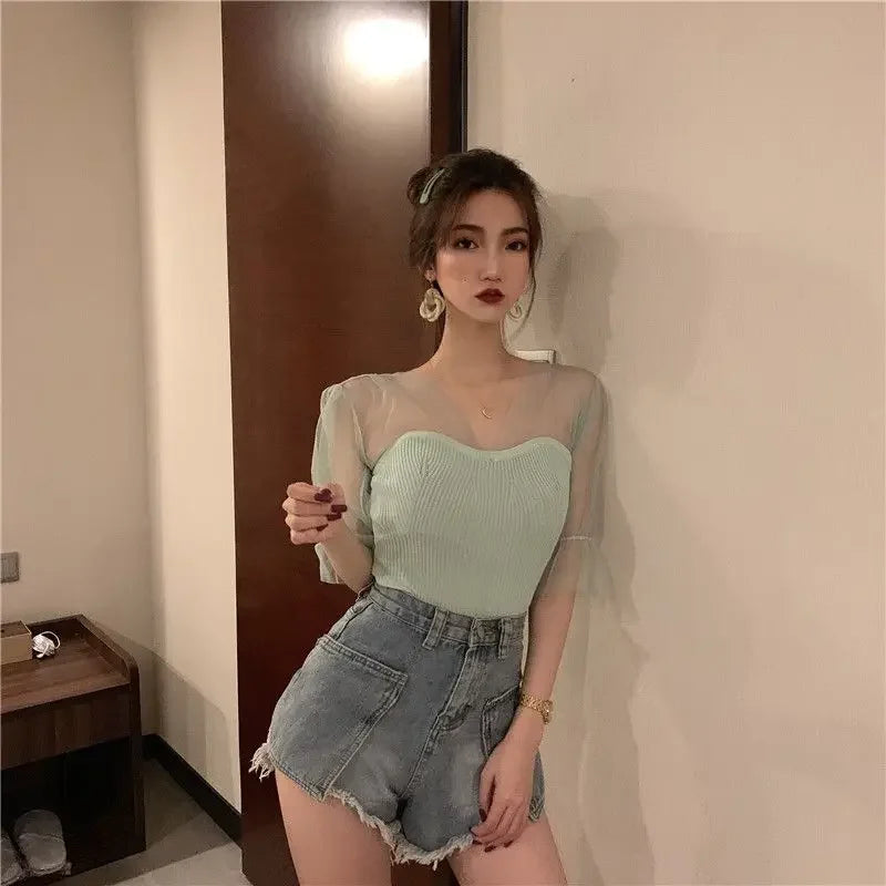 2024 Summer Women's V-Neck Mesh Knit Pullover - Slim Fit Short Sleeve Casual Tee