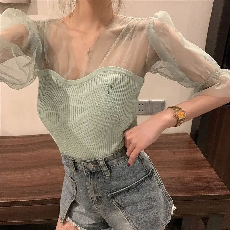 2024 Summer Women's V-Neck Mesh Knit Pullover - Slim Fit Short Sleeve Casual Tee