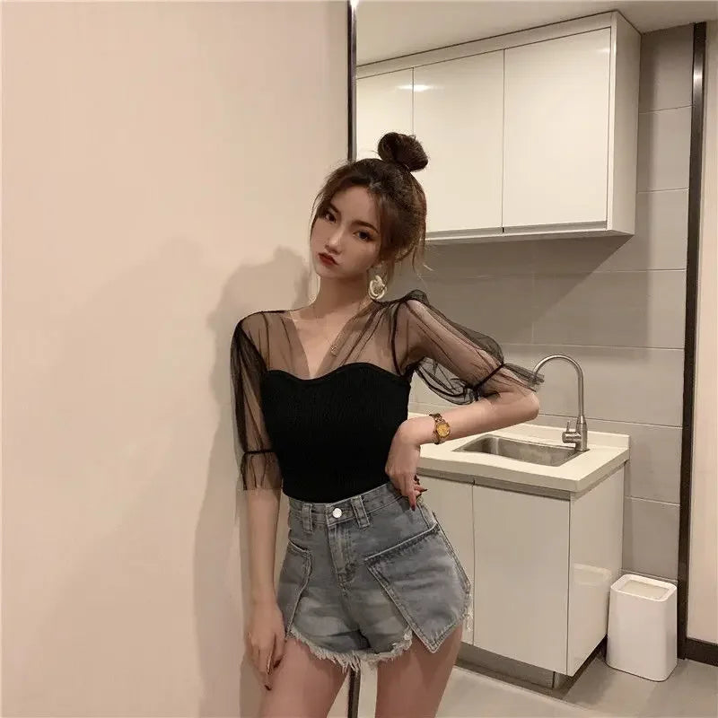 2024 Summer Women's V-Neck Mesh Knit Pullover - Slim Fit Short Sleeve Casual Tee