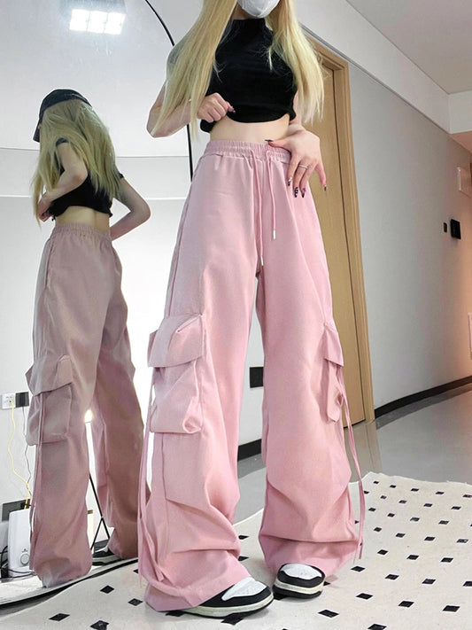 Zoki Pink Cargo Pants for Women – Loose Harajuku Y2K Straight Wide Leg Trousers in American Retro Hip Hop Style