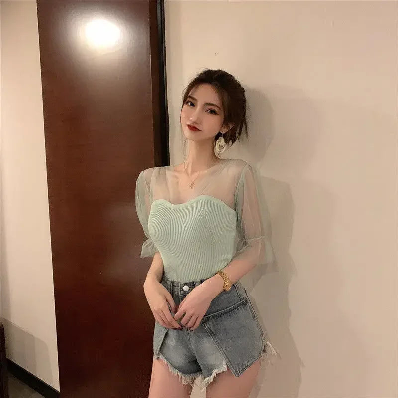 2024 Summer Women's V-Neck Mesh Knit Pullover - Slim Fit Short Sleeve Casual Tee