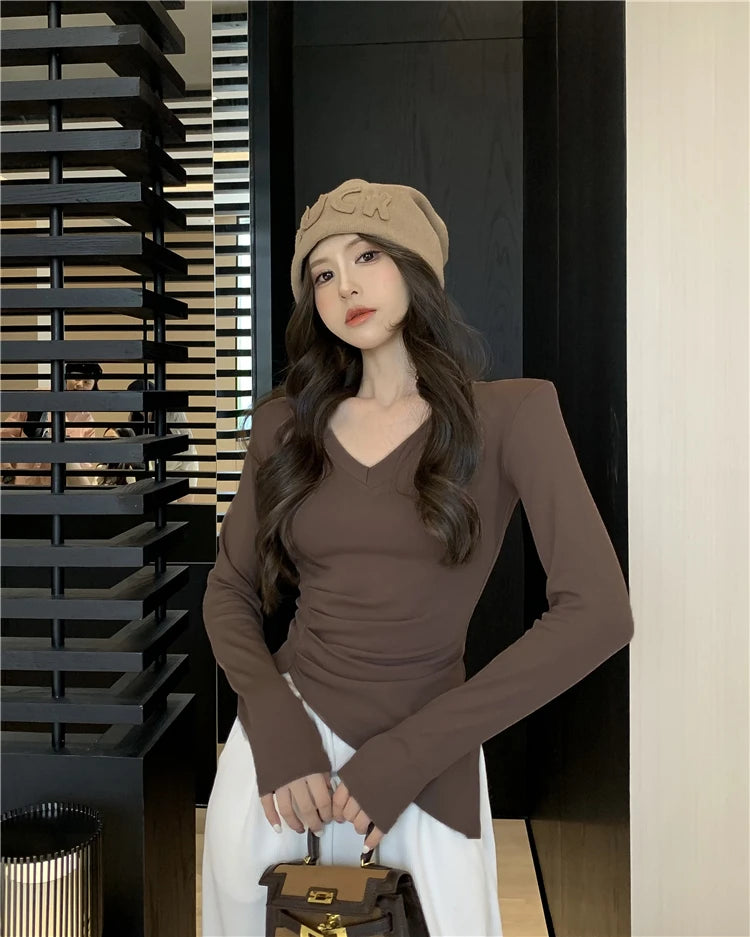 Autumn Y2K Fashion V-Neck Split T-Shirt with Shoulder Pads for Women