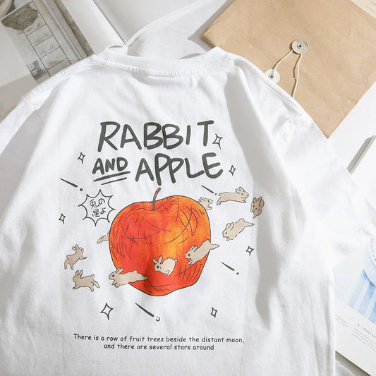 Rabbit and Apple Retro Versatile T-Shirt – Summer Fashion Short Sleeves for Student Couples, Unisex Half-Sleeve Top