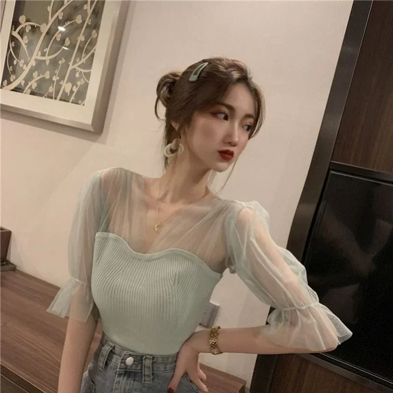 2024 Summer Women's V-Neck Mesh Knit Pullover - Slim Fit Short Sleeve Casual Tee