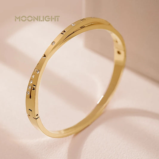 Moonlight Stainless Steel Bracelet – Zircon Cross Bangle with Roman Numerals